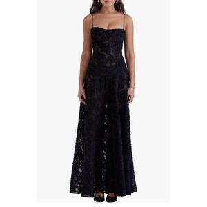 Commense Semi-Sheer Lace Maxi Dress Black Floral  Spaghetti Strap‎ Formal size M